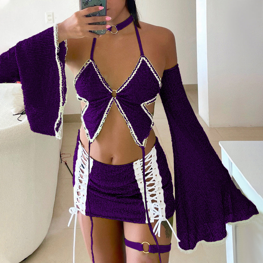 Hollow Out Cutout out Halter Bow Vest Sexy Lace up Wireless Underwear Skirt Set