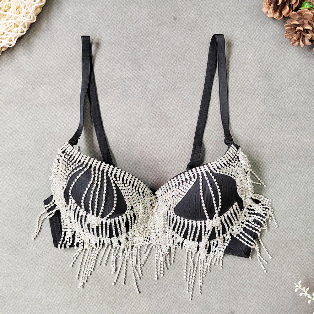 Rhinestone Tassel Bead Small Bra Super Short Sexy Top Top Thin Bottom Thick Shaping Bra Outer Wear Nightclub Wrapped Chest