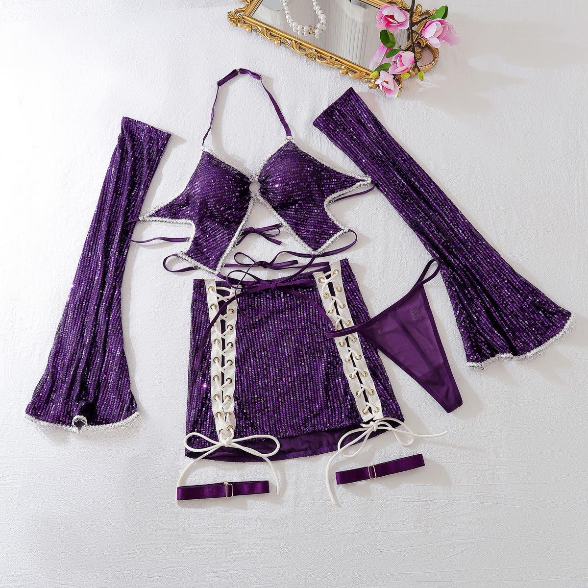 Hollow Out Cutout out Halter Bow Vest Sexy Lace up Wireless Underwear Skirt Set