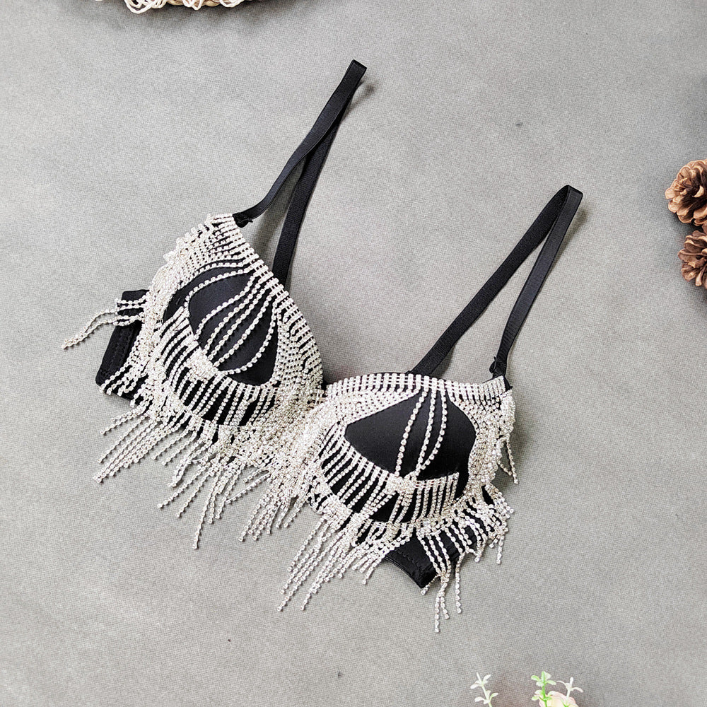 Rhinestone Tassel Bead Small Bra Super Short Sexy Top Top Thin Bottom Thick Shaping Bra Outer Wear Nightclub Wrapped Chest