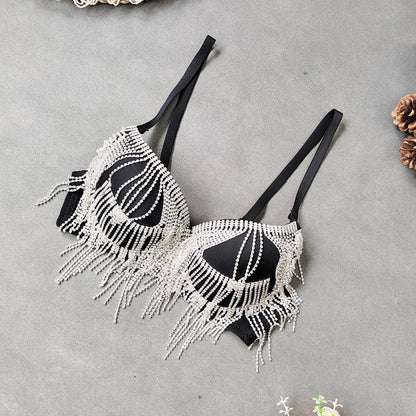 Rhinestone Tassel Bead Small Bra Super Short Sexy Top Top Thin Bottom Thick Shaping Bra Outer Wear Nightclub Wrapped Chest