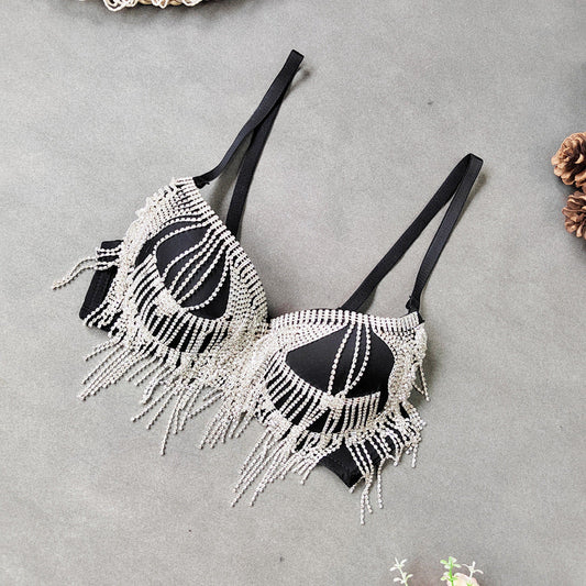 Rhinestone Tassel Bead Small Bra Super Short Sexy Top Top Thin Bottom Thick Shaping Bra Outer Wear Nightclub Wrapped Chest