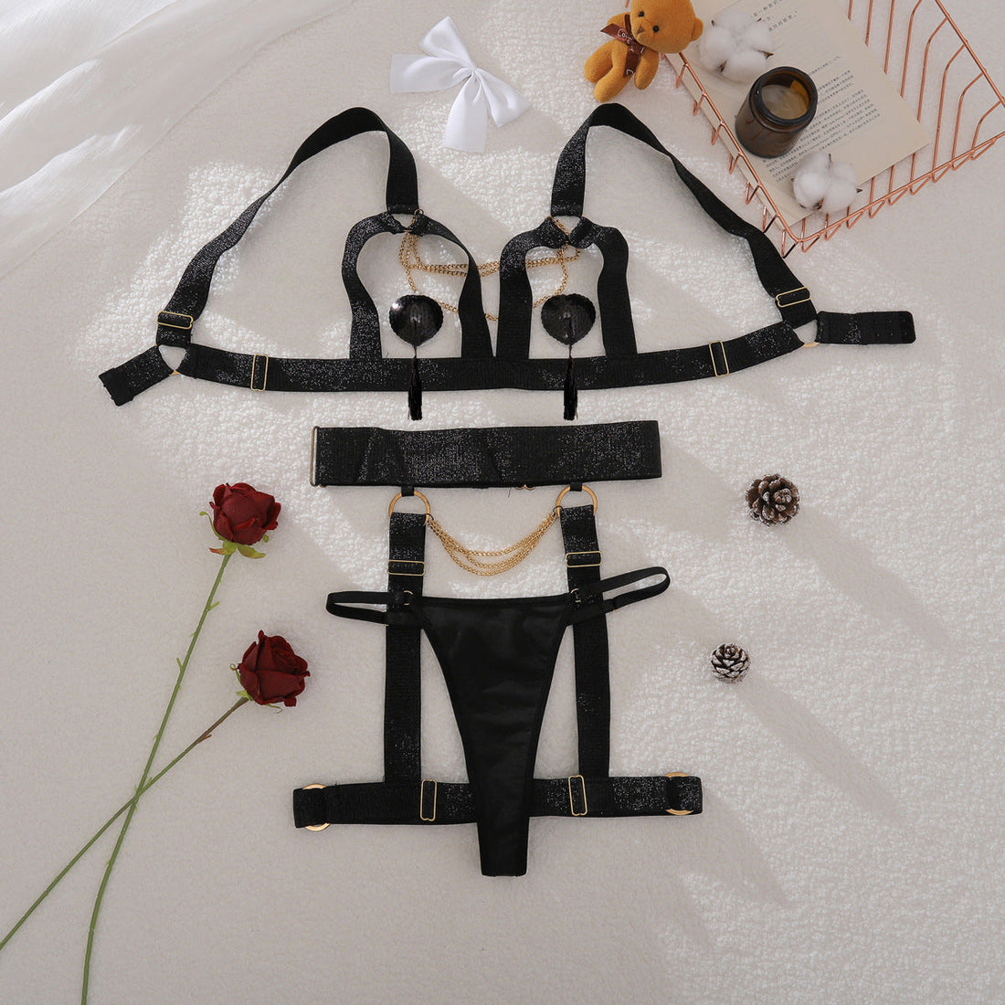 Complex Craft Metal Chain Decoration Pure Want Hollow Out Cutout Body Shaping Sexy Underwear Split Set
