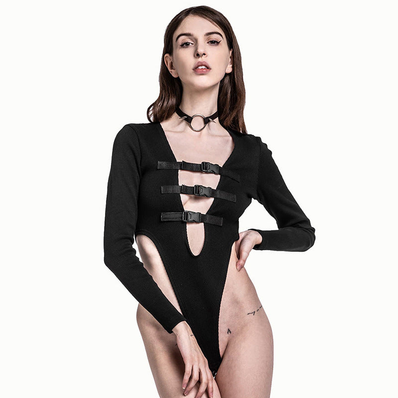 Women Clothing Sexy Underwear School Bag Buckle Decorative Tight Jumpsuit