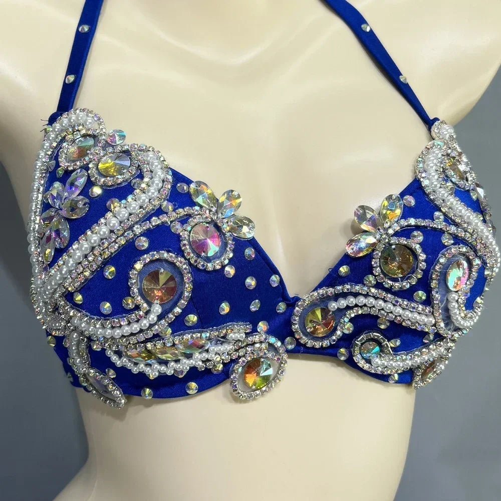 Dazzling Beaded Crystal Belly Dance Bra & Belt 2-Piece Costume Set
