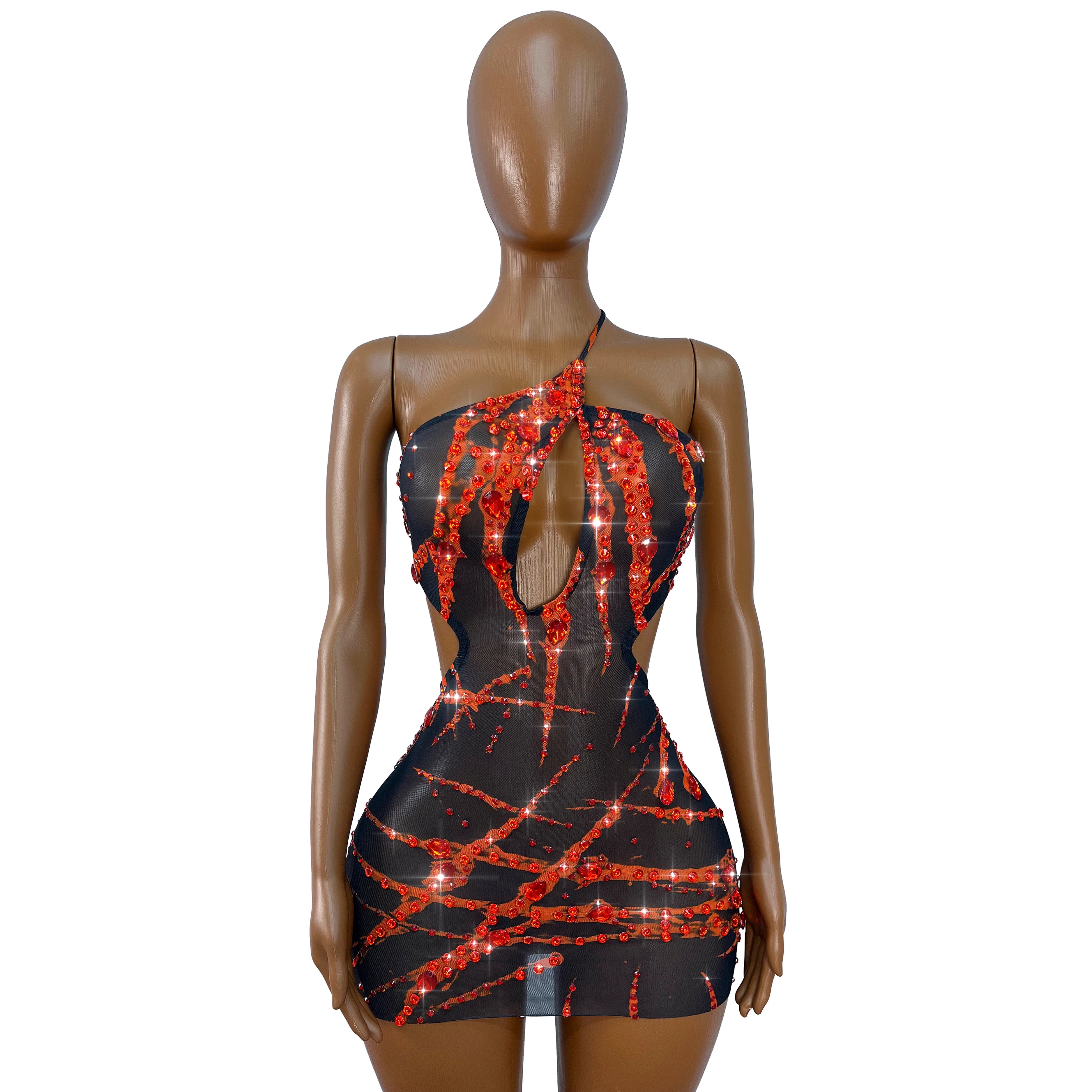 Crimson Flame Rhinestone Mesh Mini Dress Keyhole Cutout Backless Stage Costume