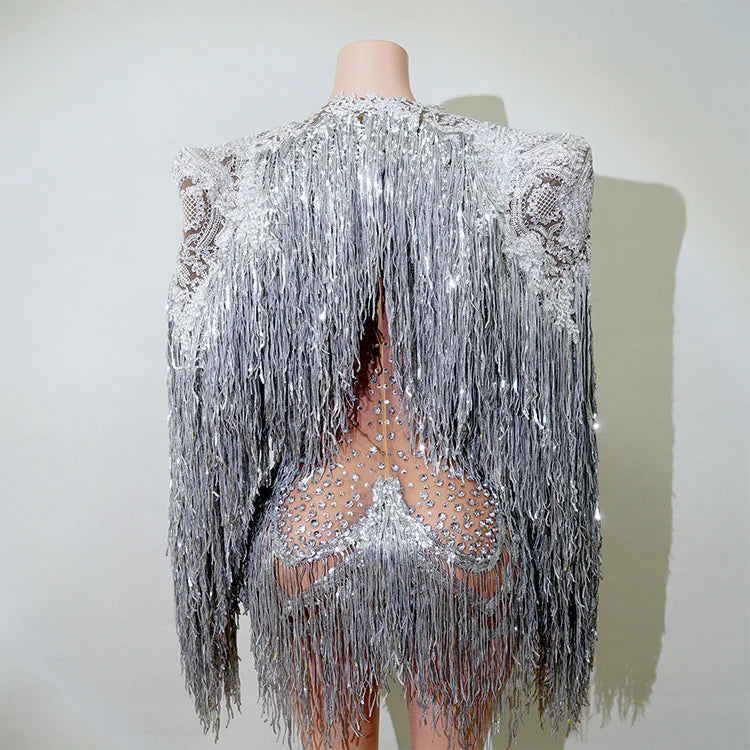 Rhinestone Tassel Fringe Jacket And Dress Costume Set