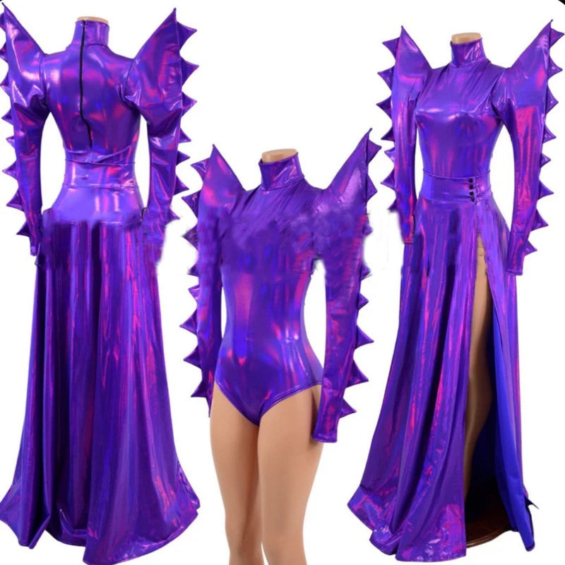 Metallic Armor Bodysuit & Trailing Bustle Skirt 2-Piece Stage Performance Costume Set