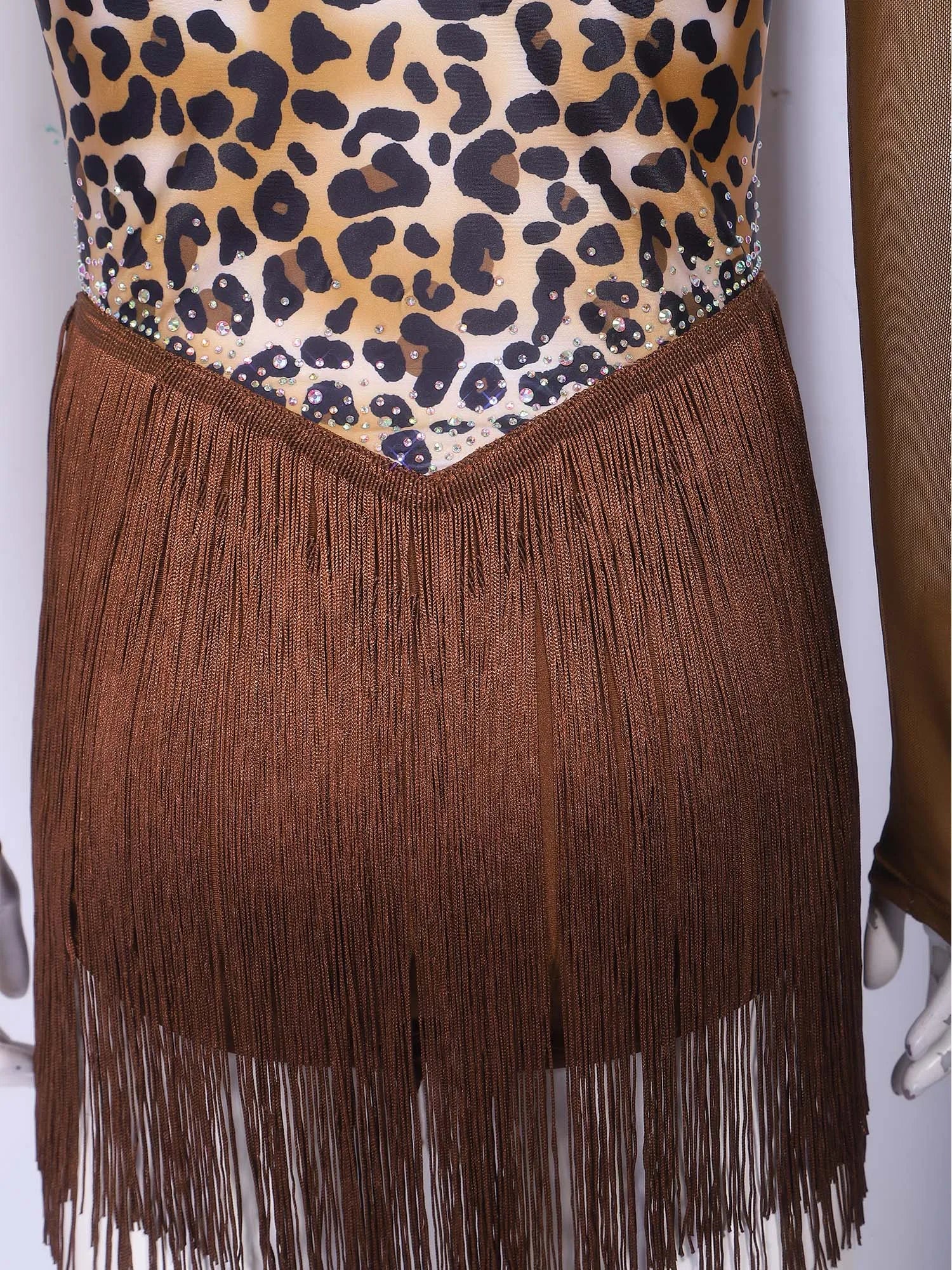 Leopard Rhinestone Fringe Latin Dance Bodysuit Mesh Long Sleeve Stage Performance Dress