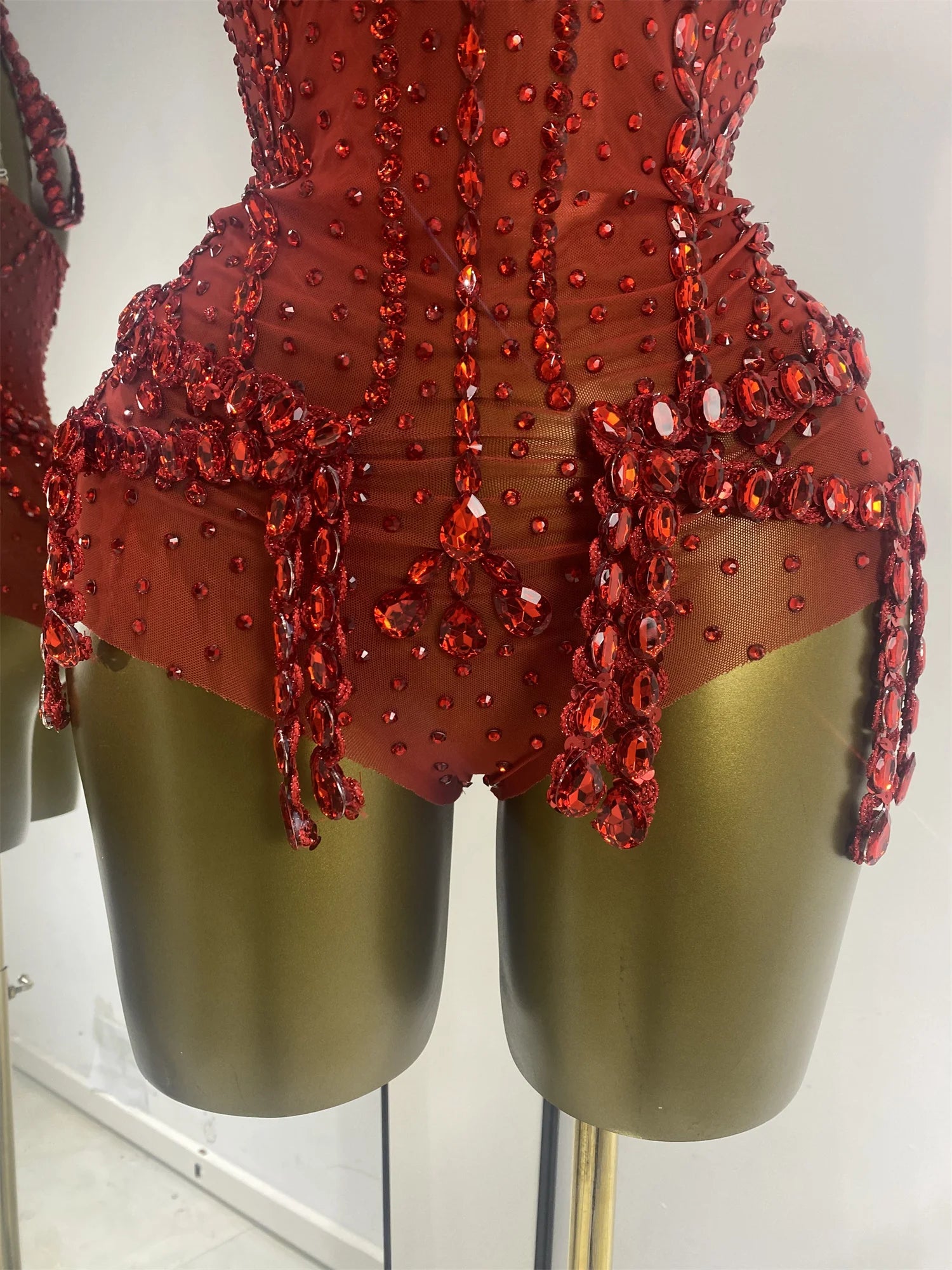 Crimson Red Rhinestone Corset Bodysuit & Embellished Choker 2-Piece Stage Costume Set