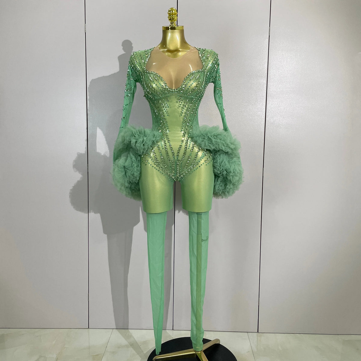 Green Rhinestone Mesh Performance Jumpsuit