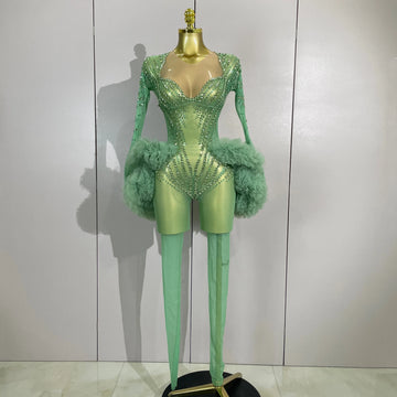 Green Rhinestone Mesh Performance Jumpsuit