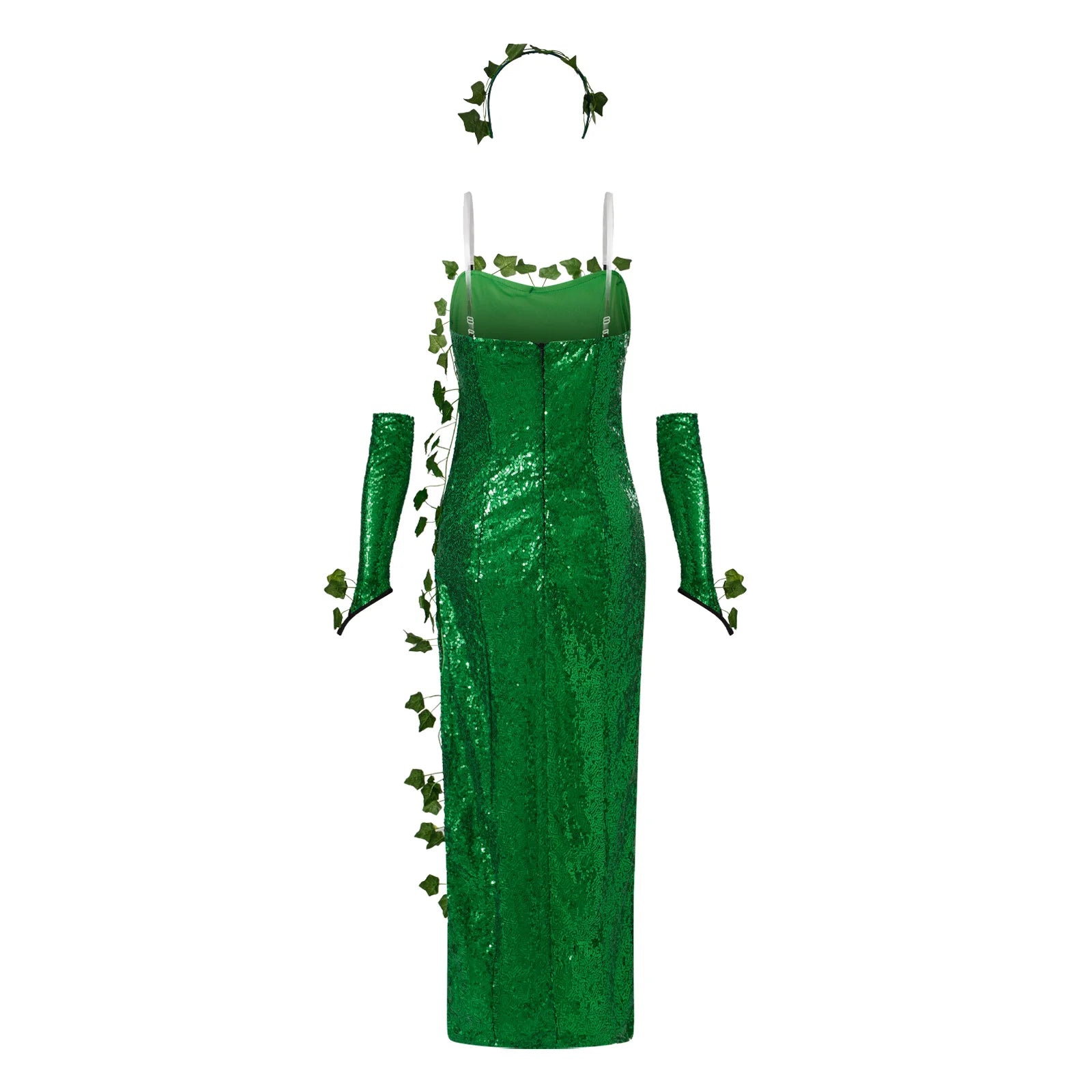 Deluxe Poison Ivy Green Sequin Maxi Gown & Glove Set 3-Piece Halloween Cosplay Costume