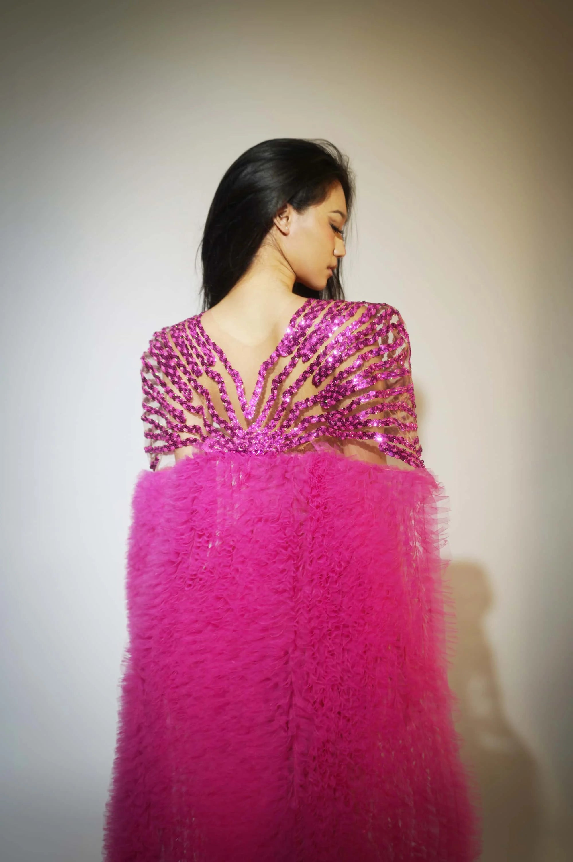 See Through Fuchsia Pink Evening Gown Long Tail Showgirl Stage Ball Dress