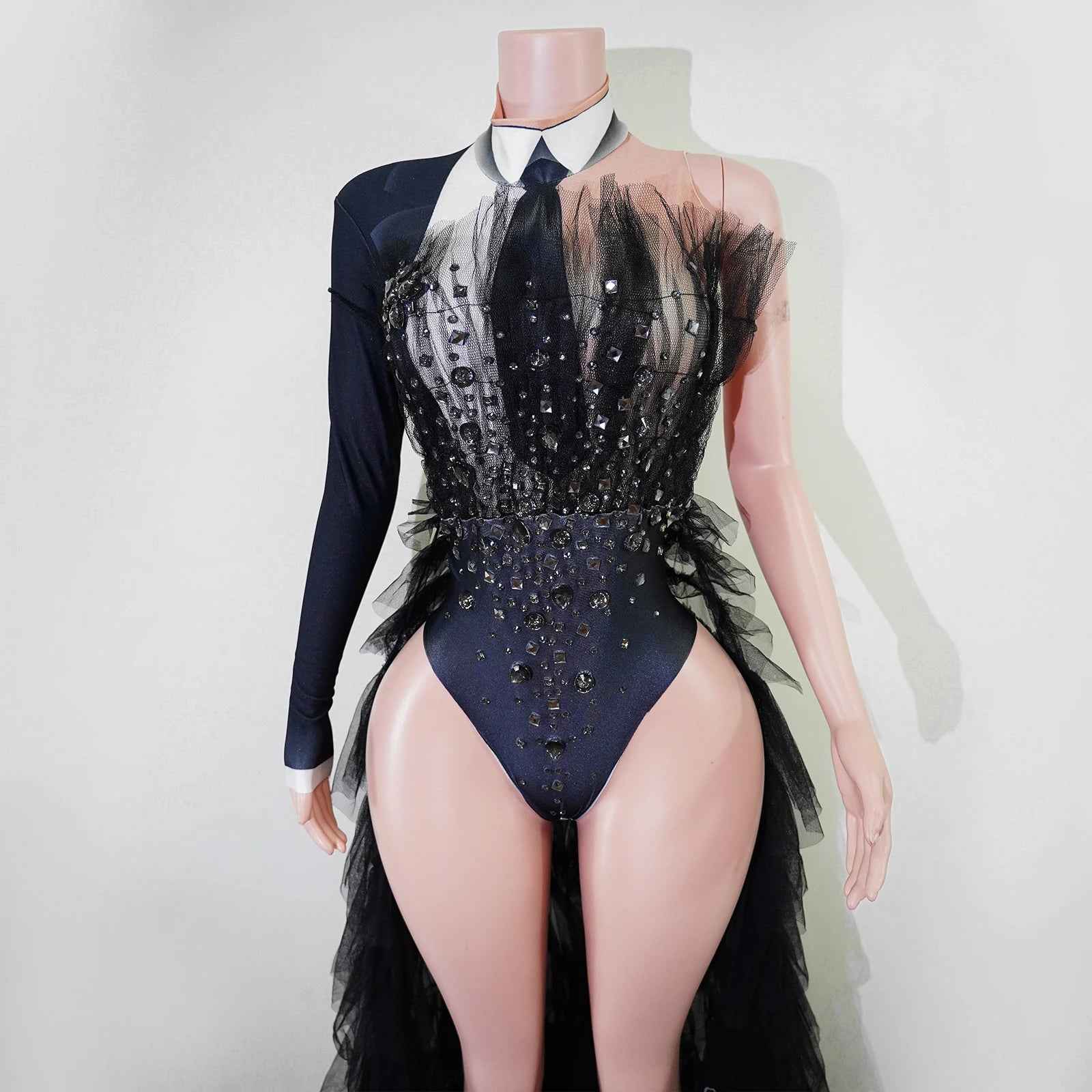 Black Rhinestone One-Shoulder Bodysuit & Trailing Tulle Train Stage Costume Set