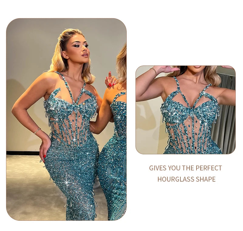 Cyan Sequin & Crystal Cross-Strap Gown