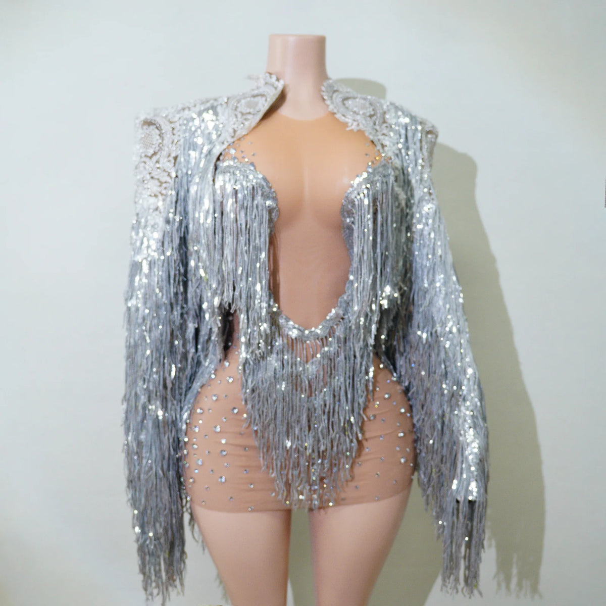 Rhinestone Tassel Fringe Jacket And Dress Costume Set