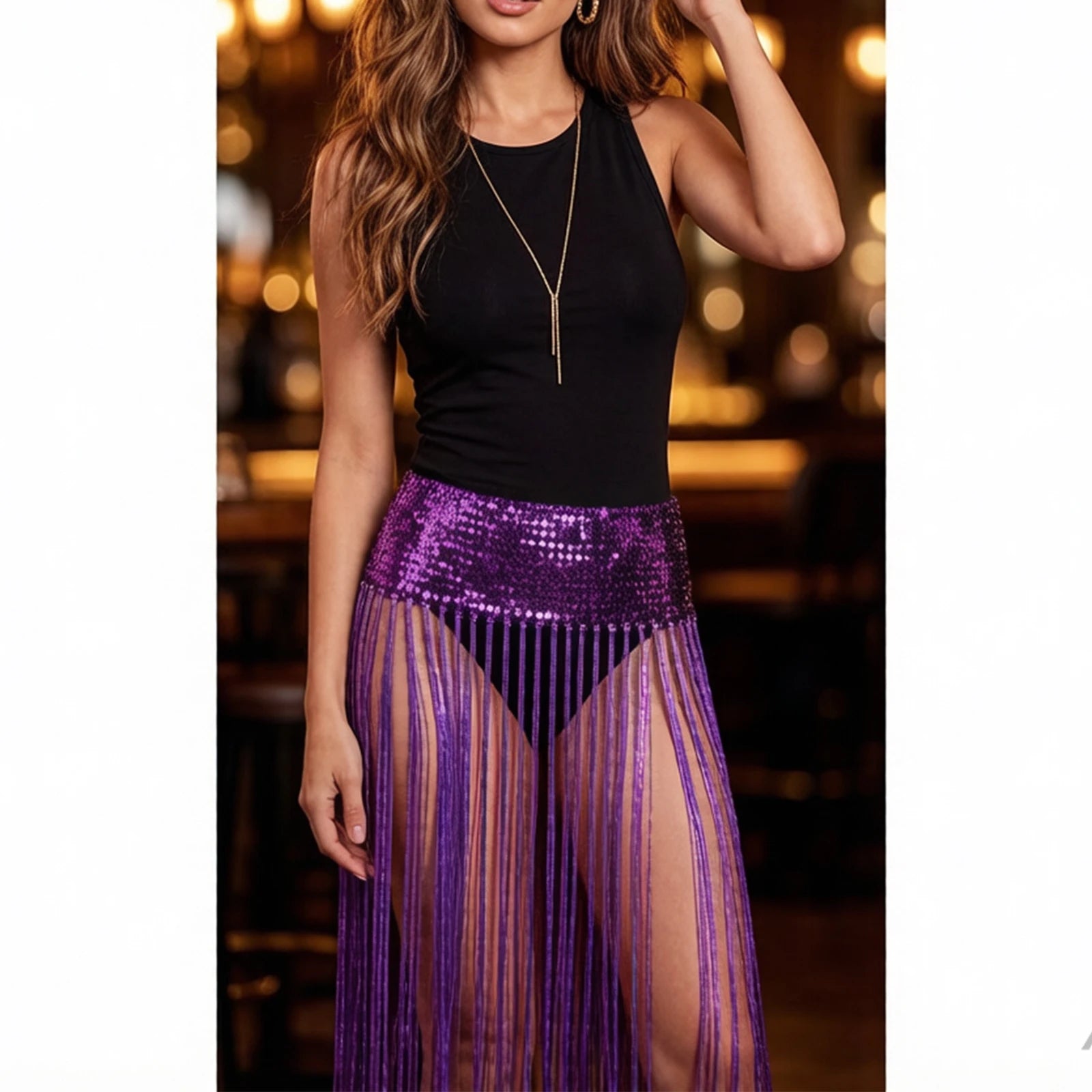 Metallic Sequin Tassel Fringe Maxi Skirt Sparkly Festival Stage Dance Cover-Up