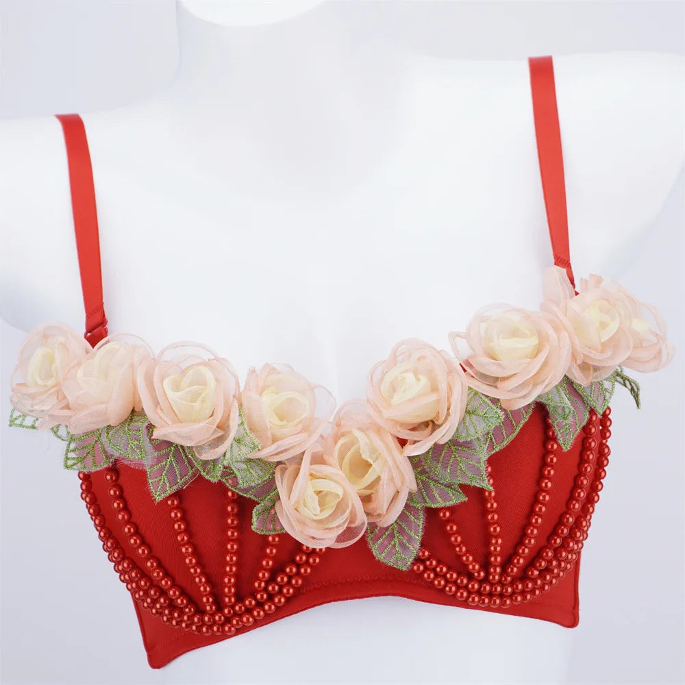 Organza Floral & Pearl Bustier Bra Top | Kawaii Stage & Nightclub Bralette