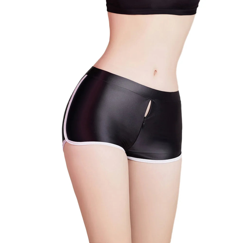 Sexy Women Zipper Open Crotch Yoga Elasitc Shorts Stain Smooth Oil Glossy Shiny Tight Casual See Through Beachwear Fitness Short