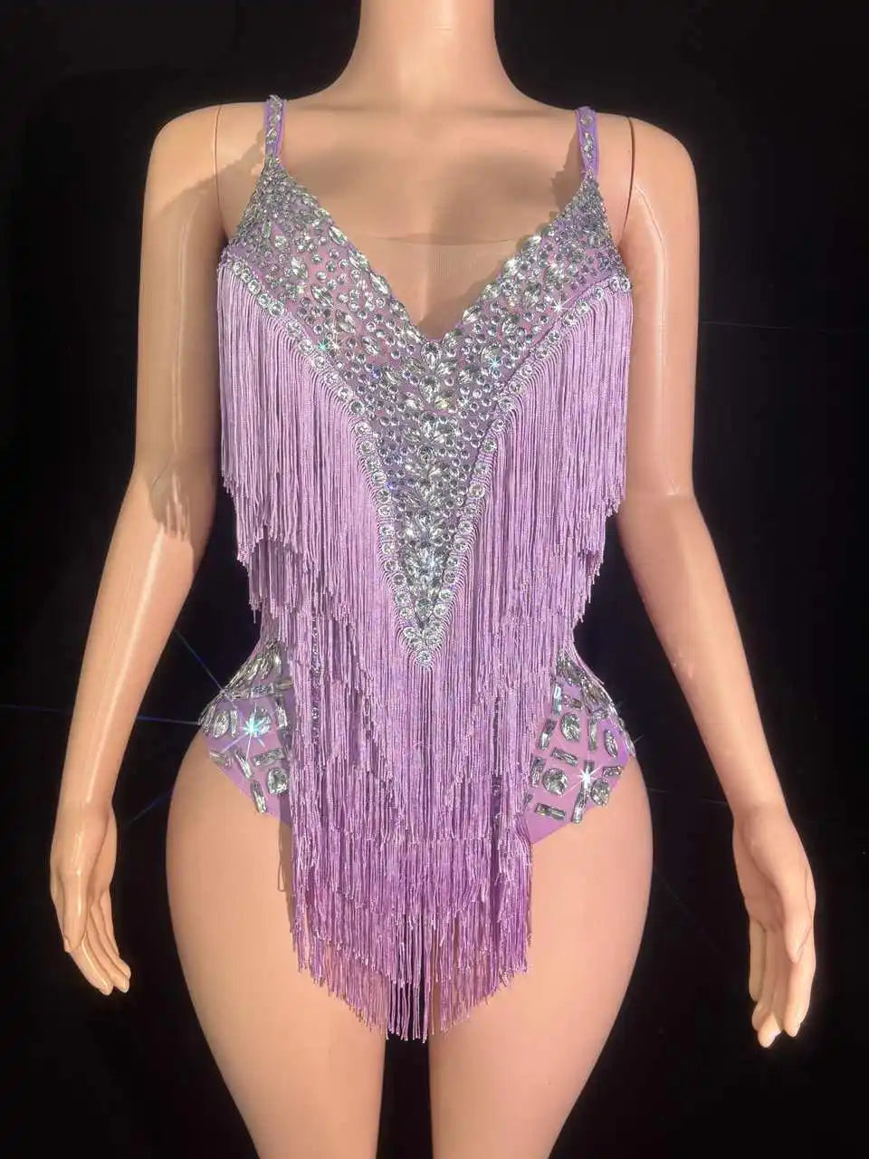 Sparkly Rhinestone & Tassel V-Neck Bodysuit Stage Performance Costume