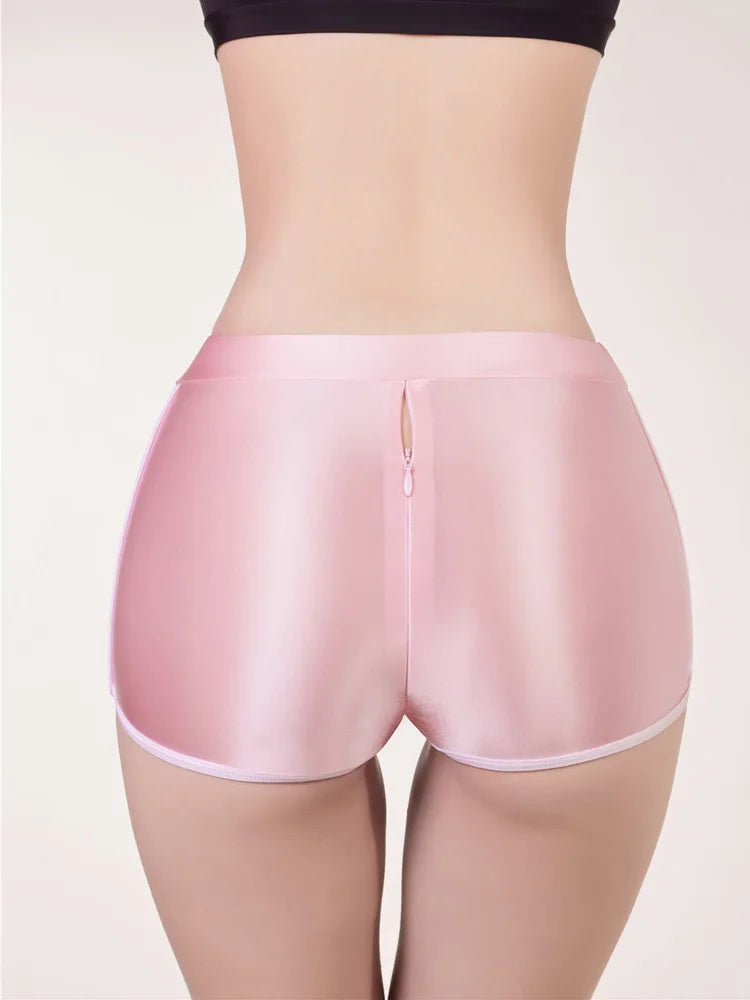 Sexy Women Zipper Open Crotch Yoga Elasitc Shorts Stain Smooth Oil Glossy Shiny Tight Casual See Through Beachwear Fitness Short