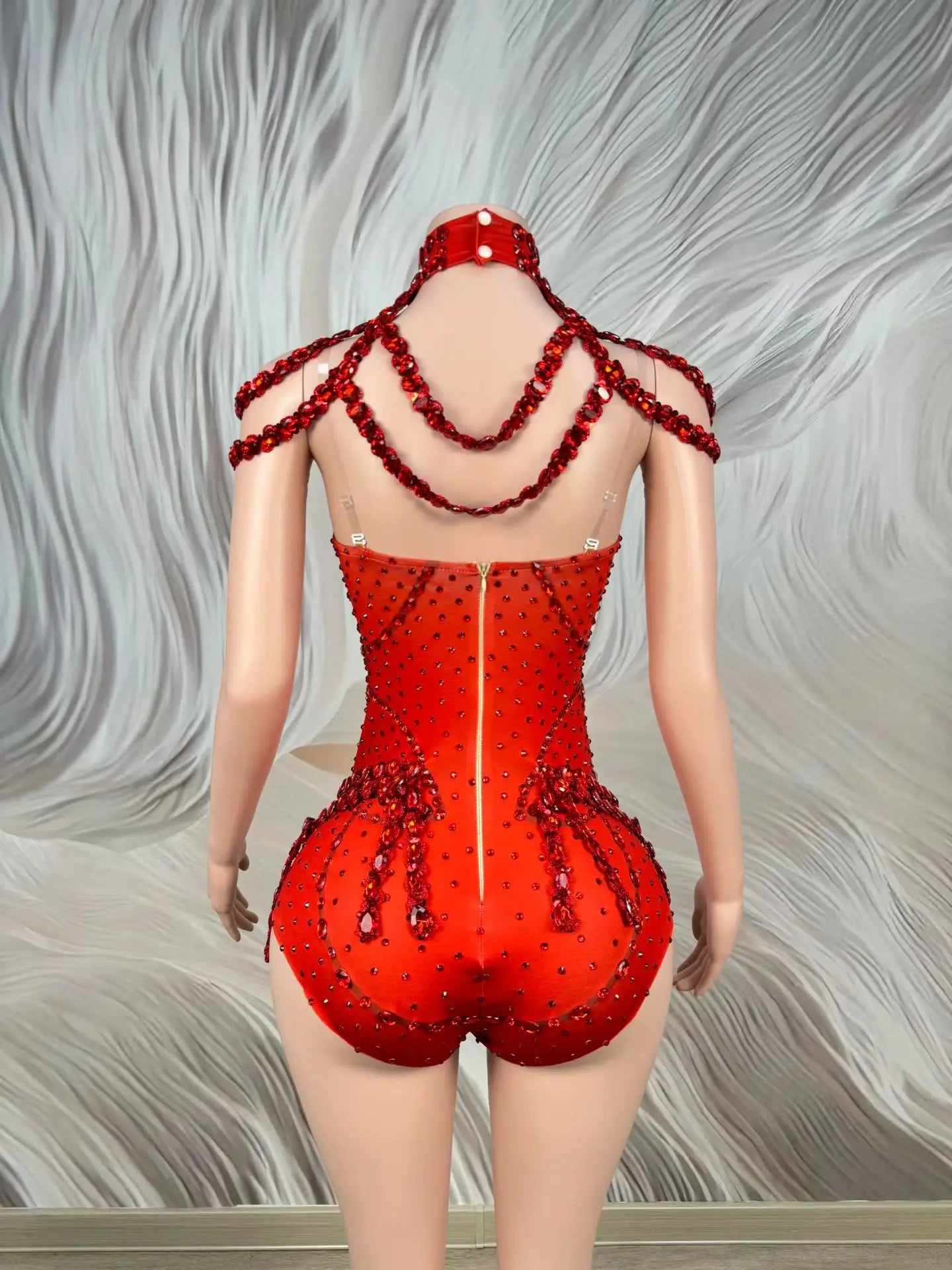 Sparkly Rhinestone Tassel Spandex Bodysuit Halter Dance Stage Costume Leotard