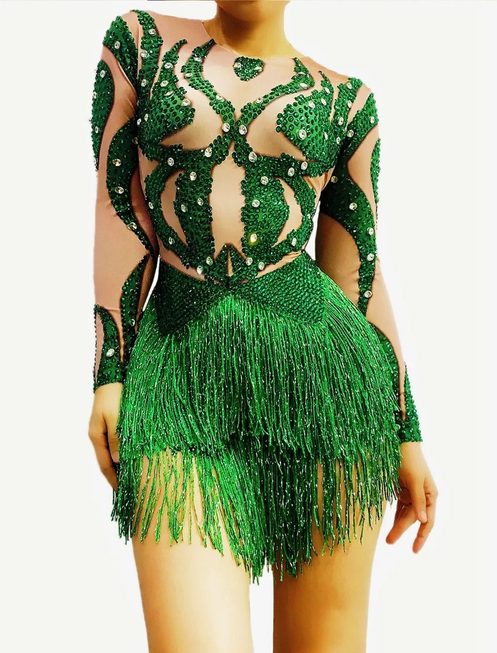 Green Rhinestone Fringe Long-Sleeve Bodysuit