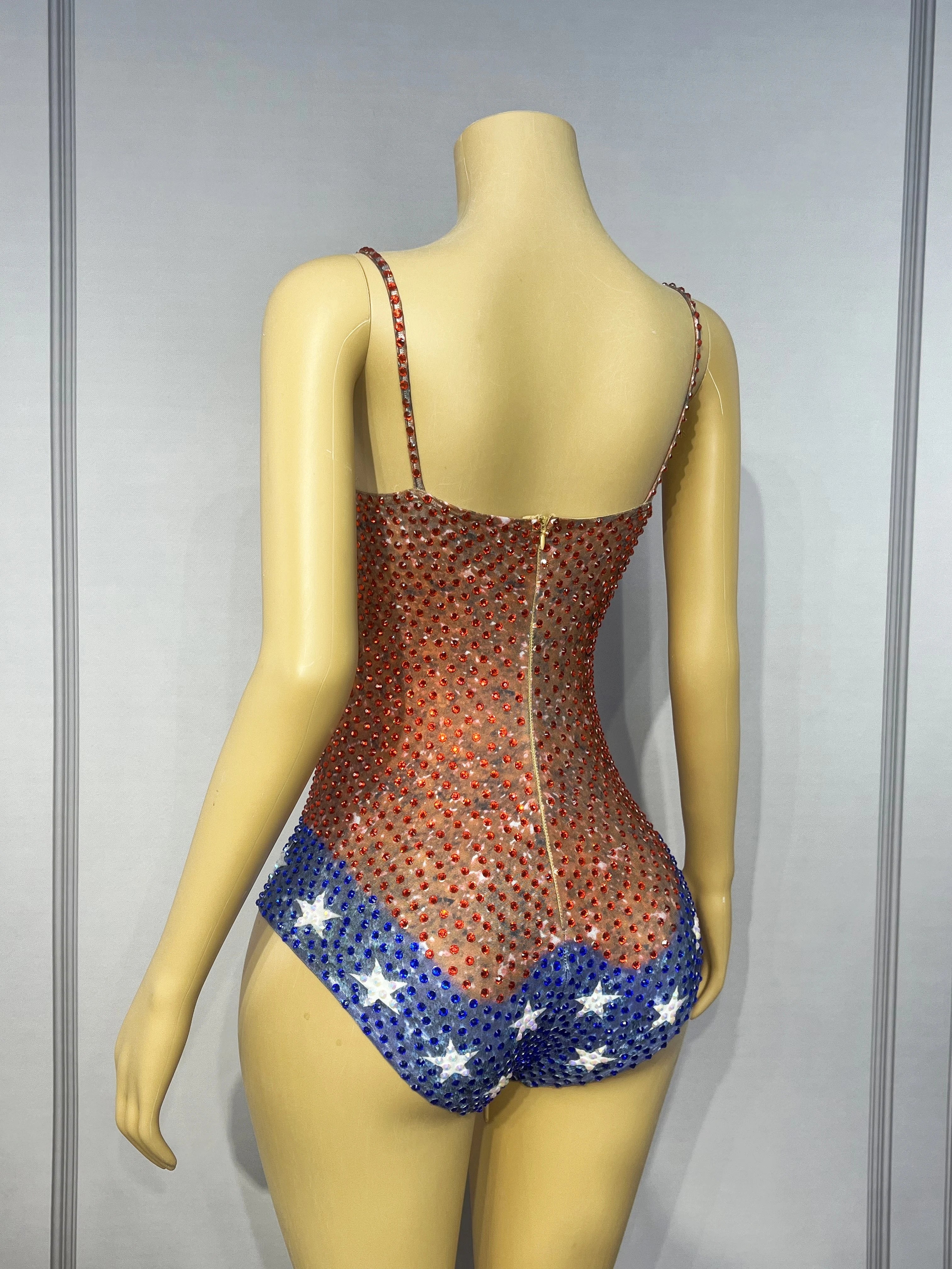 Twinkling Rhinestone Stars High-Cut Stage Bodysuit Dance Performance Leotard