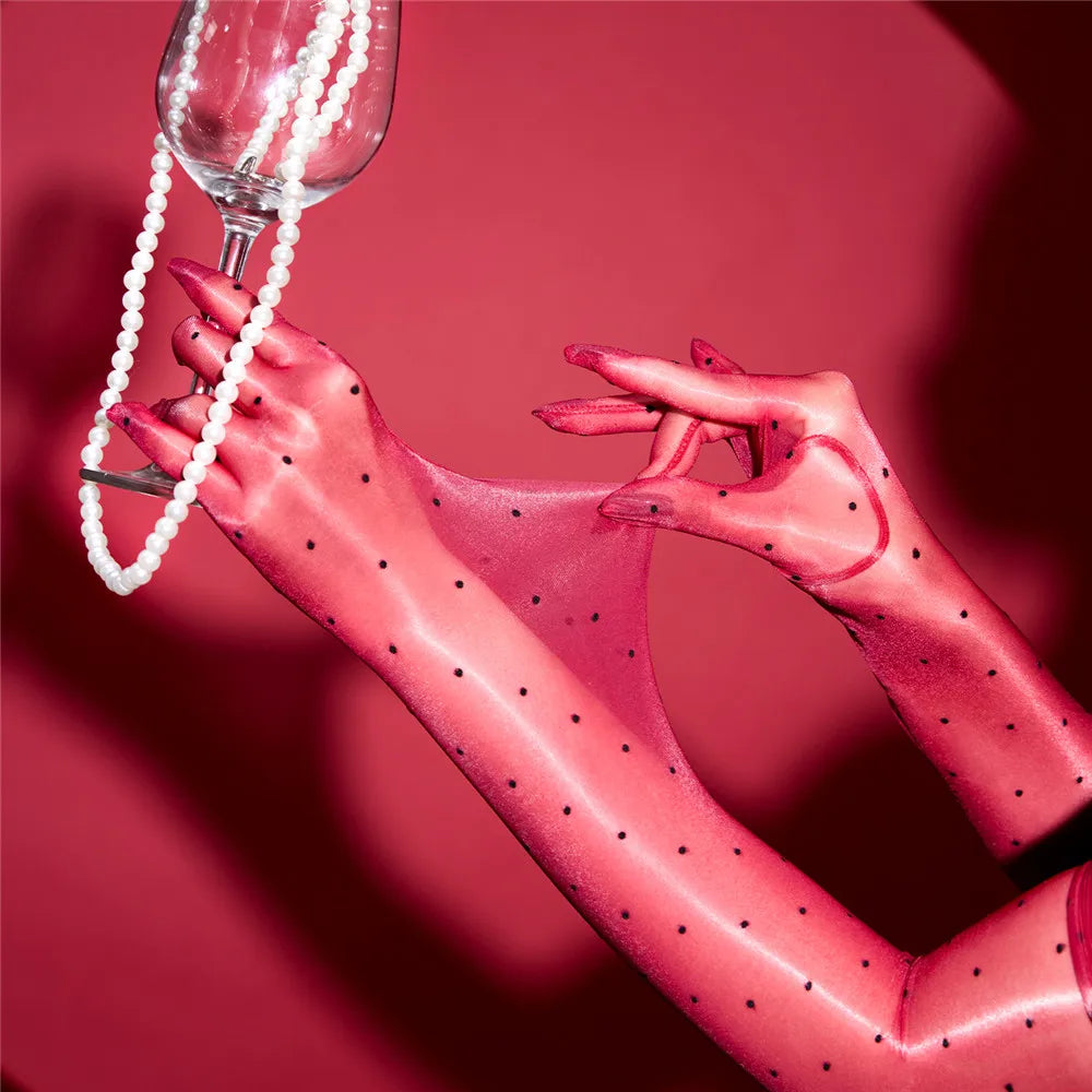 Sexy Women 1D Dot Ultra Thin Five Finger Long Glove Oil Shiny Glossy Sun Protection Glove Elastic Party Wedding Luxury Glove