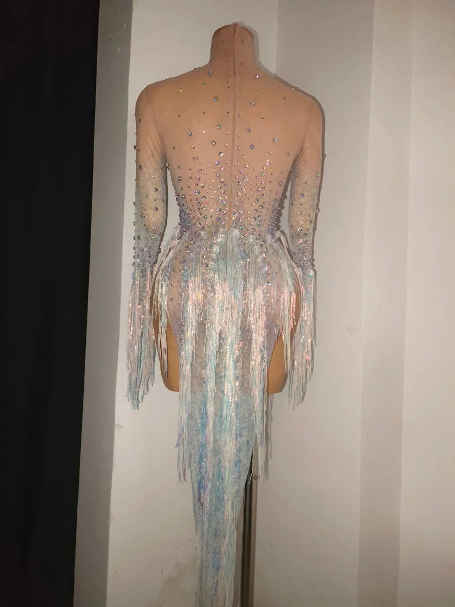 Iridescent Crystal Tassel Long Sleeve Sheer Mesh Stage Bodysuit Costume