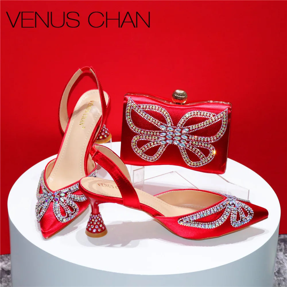Elegant Rhinestone Pointed-Toe Pumps with Matching Bag Set