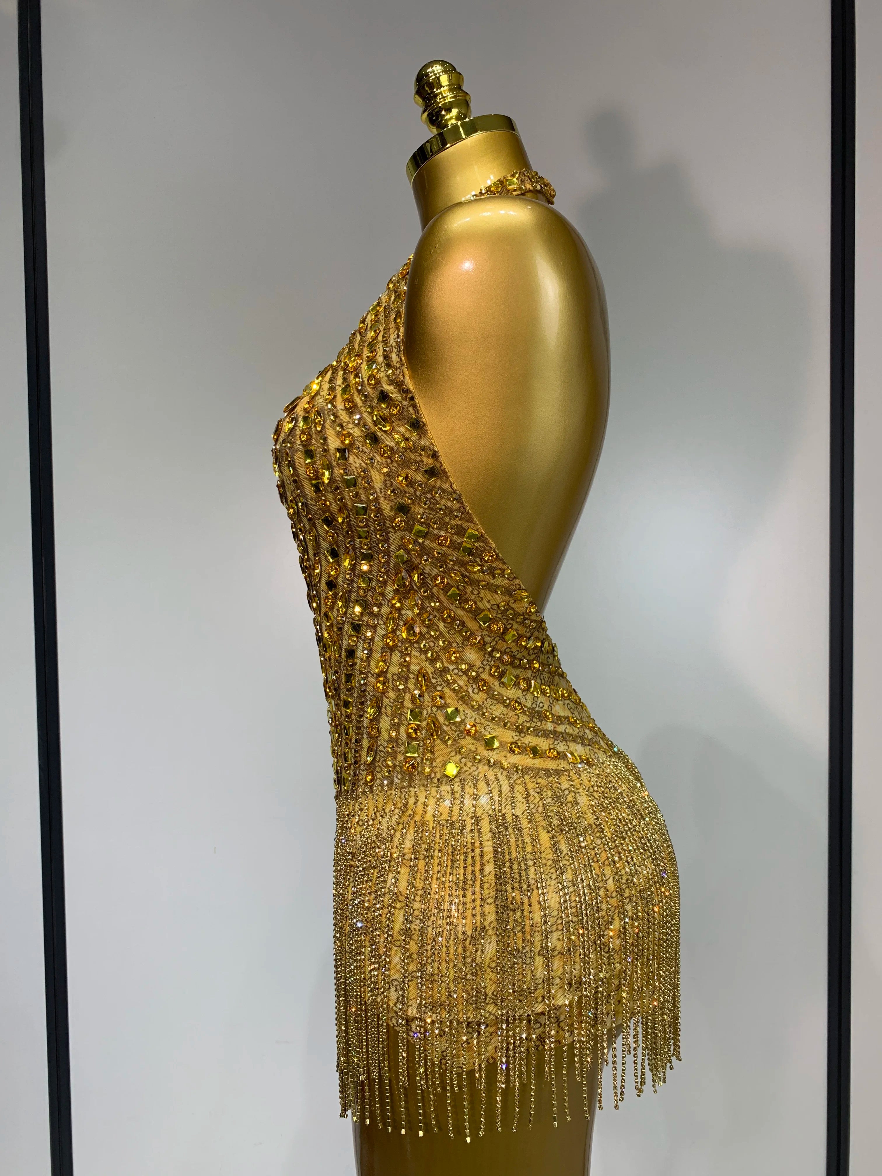 Gold Rhinestone Sheer Mesh Bodysuit Luxury Stage Performance Jumpsuit