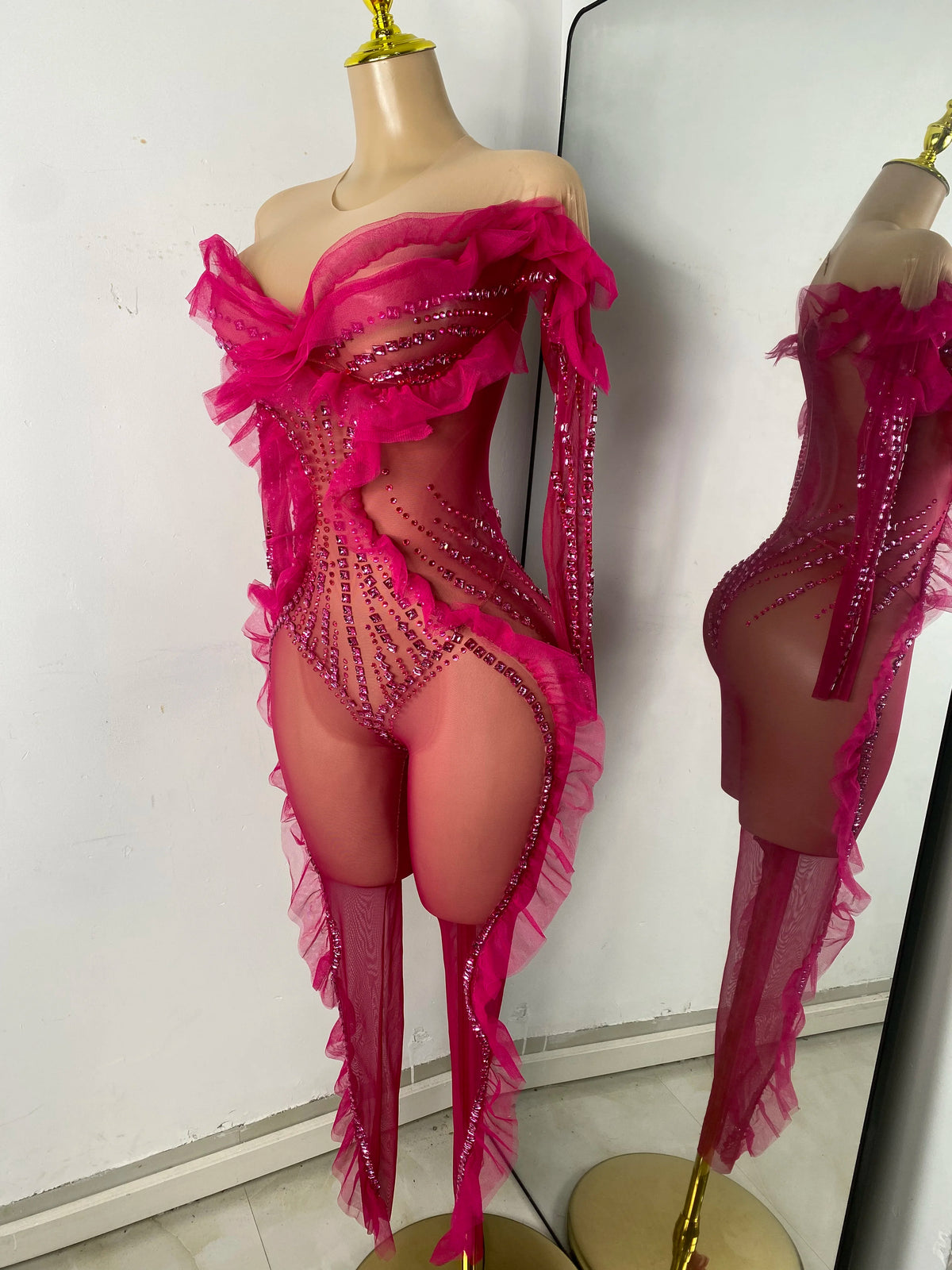 Sparkly Diamonds Women Long Sleeve See Through Mesh Tight Jumpsuit Costume Nightclub Dancer Outfit Performance Stage Wear