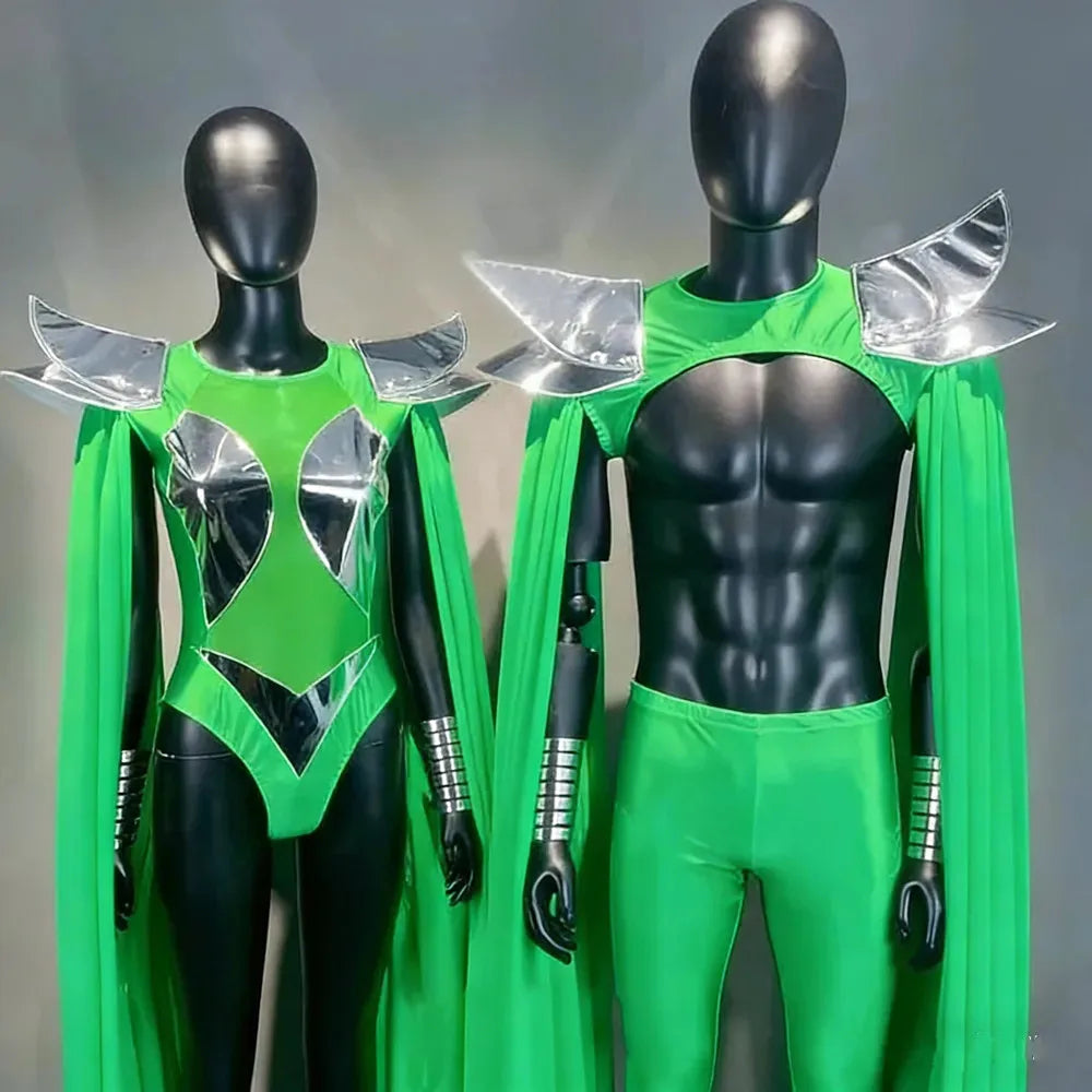 Futuristic Wing Shoulder Bodysuit & Trailing Cape Dance Performance Costume Set