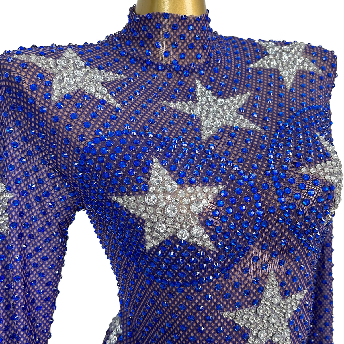 Women Blue Silver Star Pattern Rhinestone Mesh Long Sleeve Bodysuit Stage Performance Costume