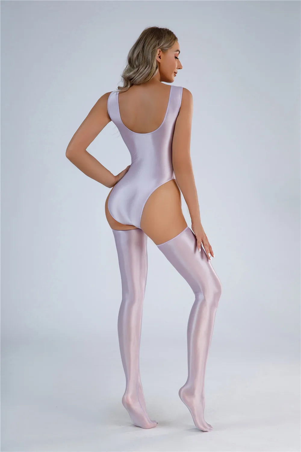 Backless High-Cut Oil Glossy Sheer Bodysuit & Matching Stockings Set