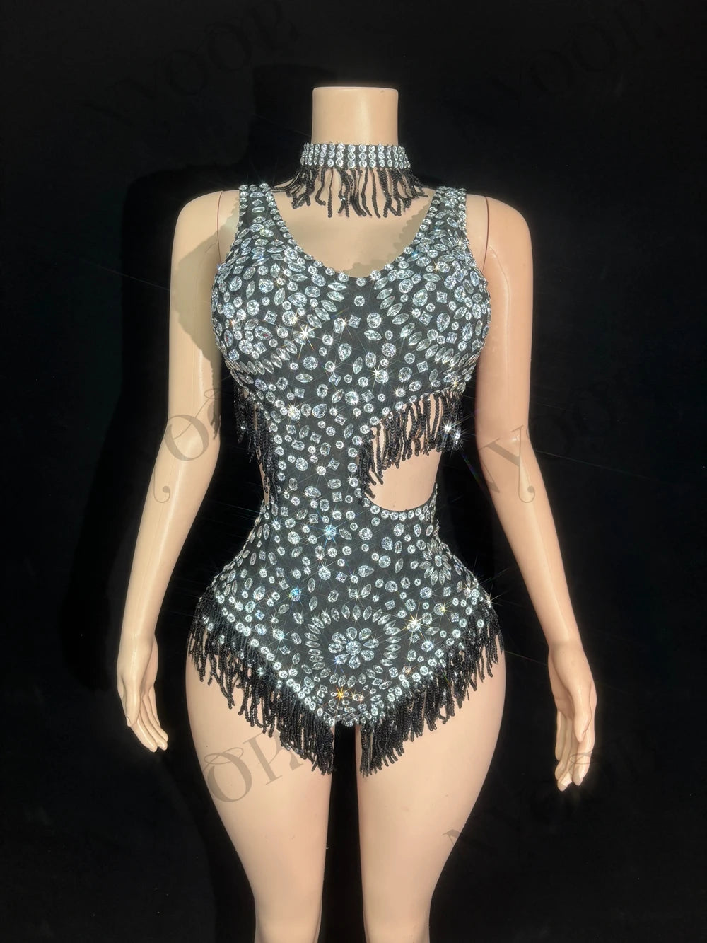 Sparkly Rhinestone Tassel Mock Neck Bodysuit Sleeveless Showgirl Stage Leotard