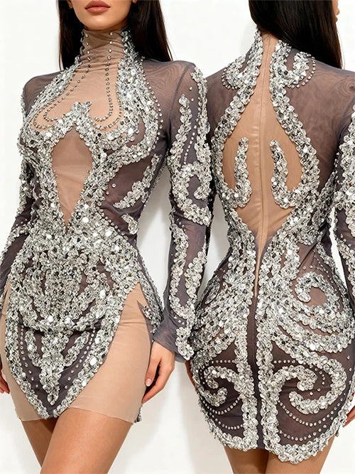 Sparkly Silver Rhinestone & Sequin Sheer Mesh Mini Dress Stage Costume