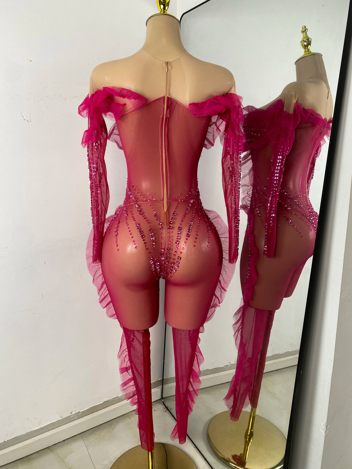 Sparkly Diamonds Women Long Sleeve See Through Mesh Tight Jumpsuit Costume Nightclub Dancer Outfit Performance Stage Wear