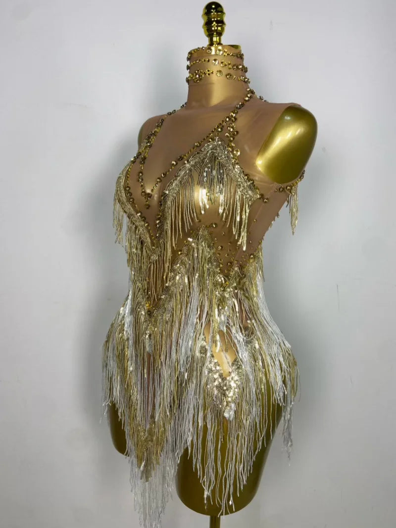 Sparkly Rhinestone & Tassel Fringe Latin Dance Mini Dress Stage Costume