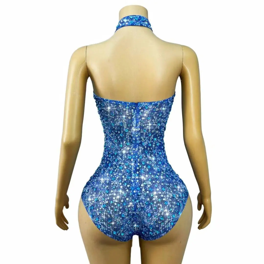 Blue Rhinestones Halter Off-Shoulder Deep V-Neck Mesh Leotard