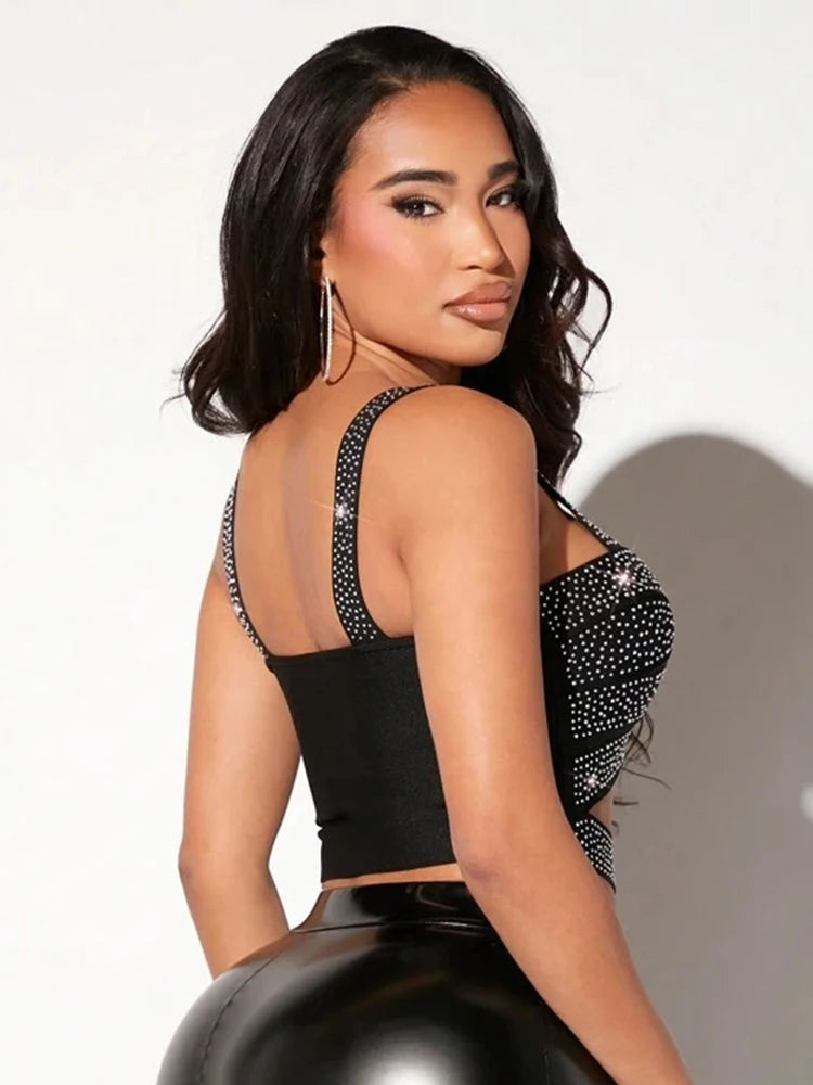 Black Crystal Strap Cutout Crop Top