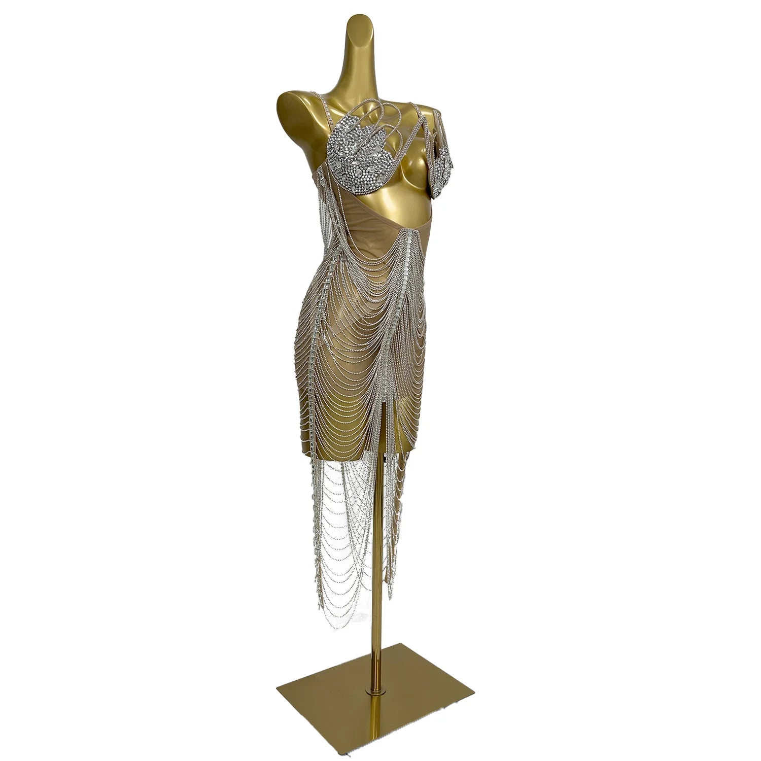 Hollow-Out Rhinestone Tassel Party Mini Dress & Latin Dance Wear