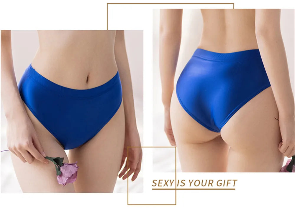 Sexy Smooth Shiny High Waist G-string Sheer See Through Brief Candy Color Elastic T-Back Oil Thong UnderWear Erotic Lingerie