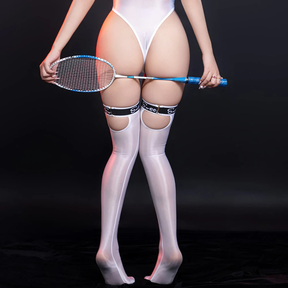 Sexy Women Stain Smooth High Stocking Oil Glossy Shiny Vintage Tight Letter Printing Shaping Overknee Maid Stocking Hollow Out