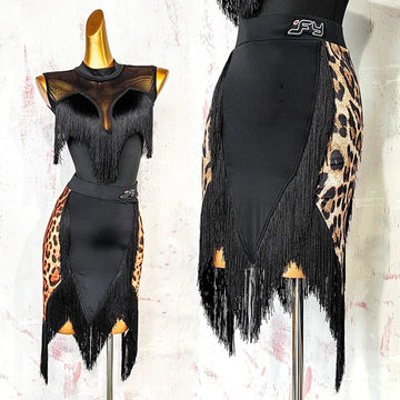 Black Open-Back Leotard & Leopard Print Fringe Skirt Latin Dance Costume Set