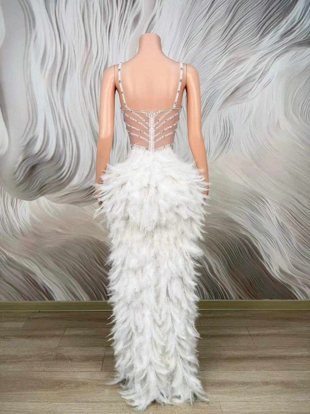 Women's White Pearl Rhinestone Feather Maxi Dress | Sweetheart Spaghetti Strap Gown for Pageant & Stage