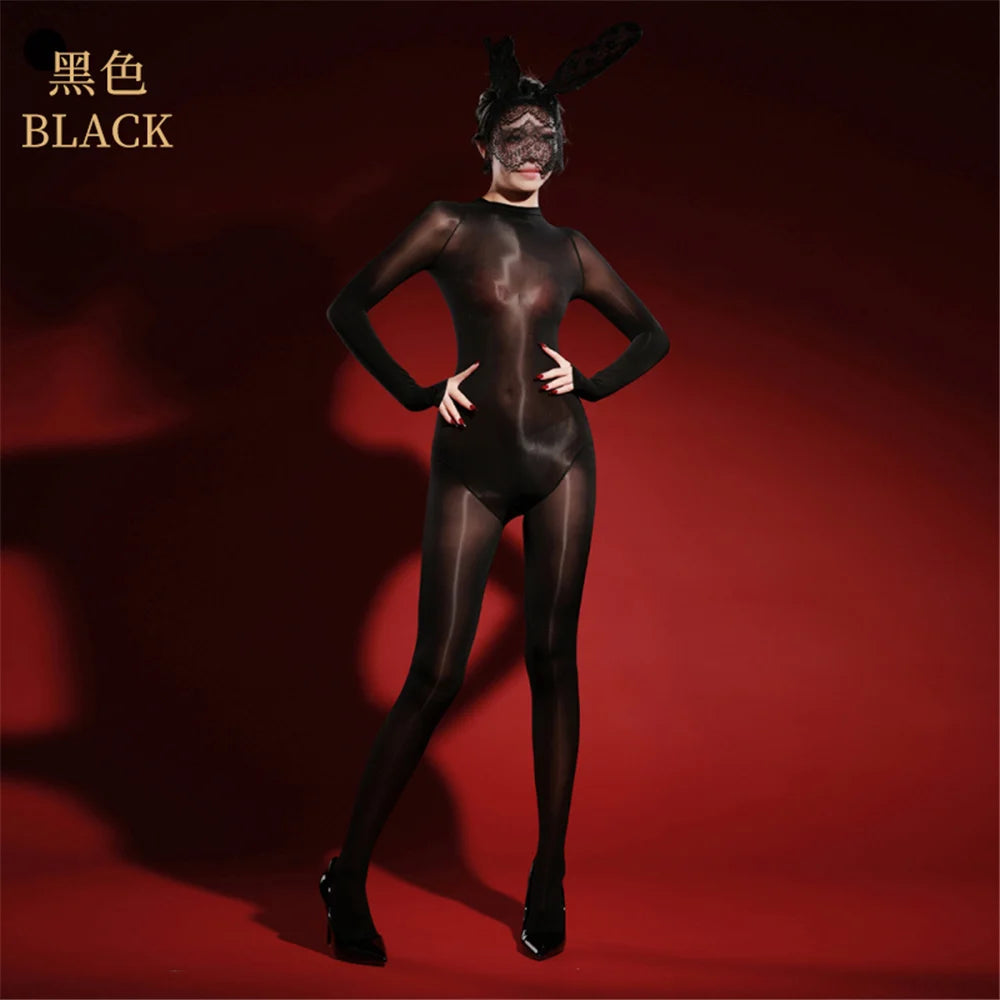 Oil Glossy High-Stretch Sheer Full-Length Bodysuit Thong Catsuit Jumpsuit