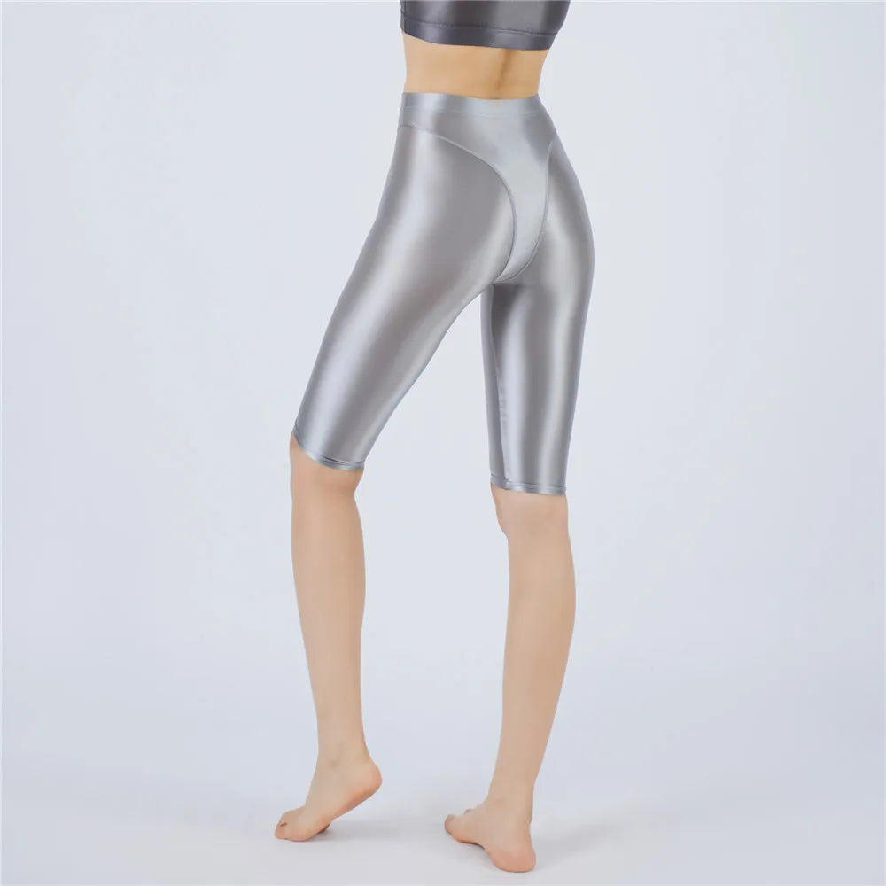 Oil Glossy High-Stretch Knee-Length Shorts Satin Shine Performance Biker Shorts